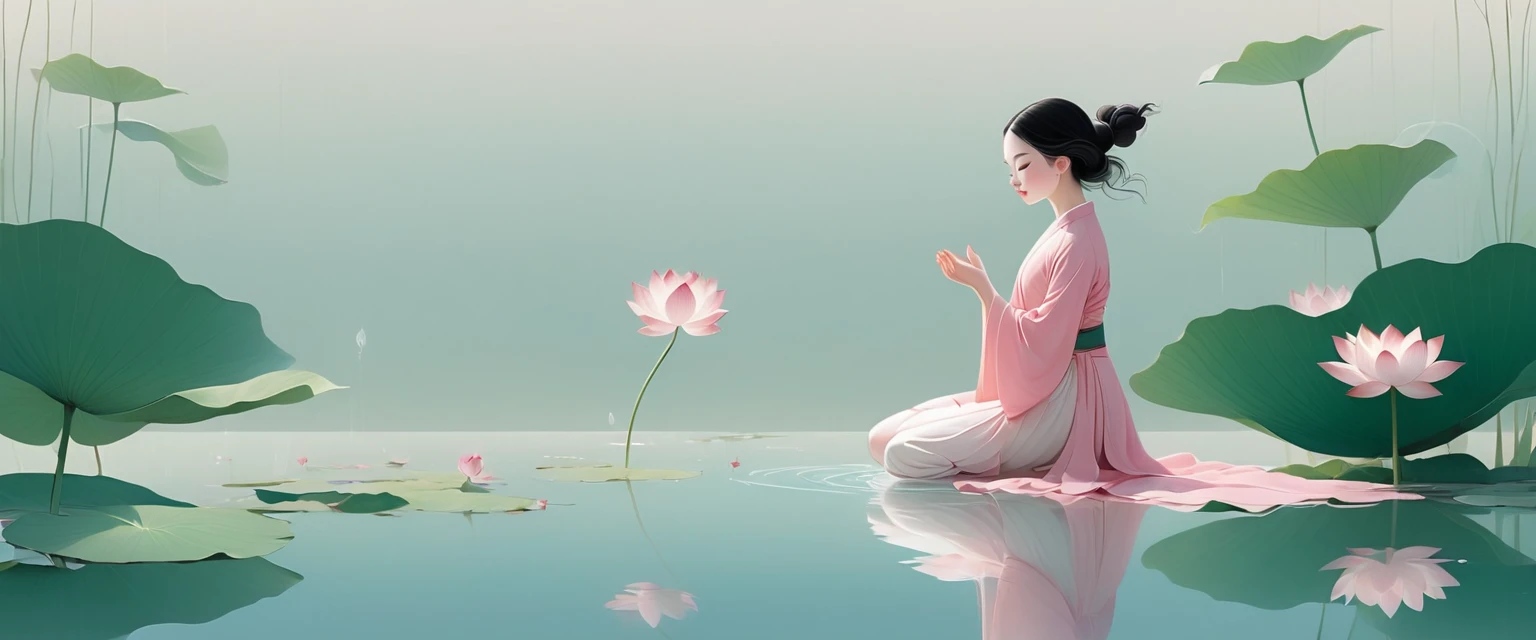 vector,Flat form,illustration,The Minimalists,数字艺术illustration,Pink hue,Abstract,artistic conception,Blooming,A kneeling on the water(Right side of the screen),dancer;Pink clothing;Pretty Face,Black Hair,Hairpin;Lotus pond,Lotus decorative corner;Diving sensation,Left(Light cyan)Lots of white space。