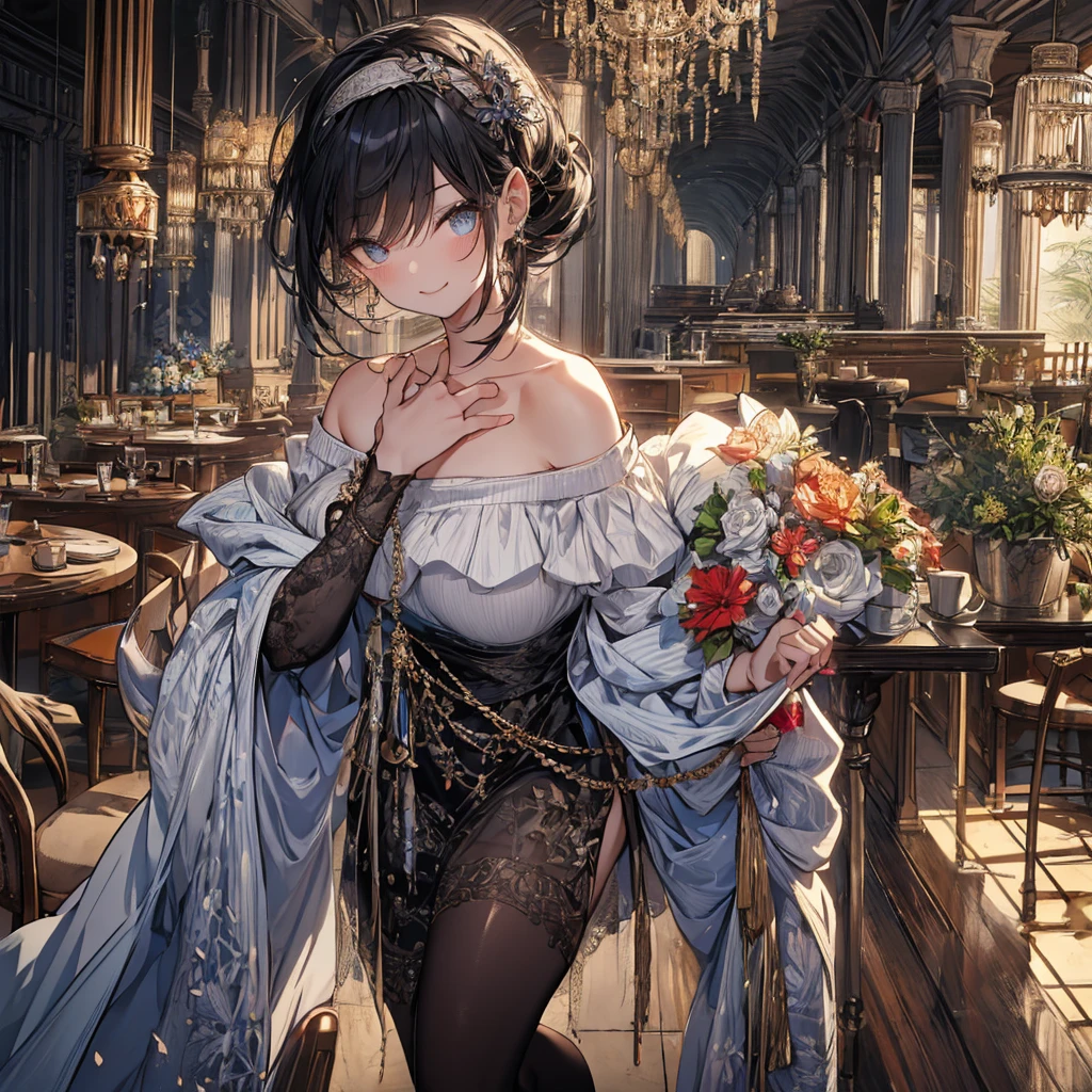 (((Masterpiece))),(((Super Detail))),(((in 8K))),(((best composition))),(((Rim lighting,Fireglow effect,deep shadow))),solo),Beautiful fingers,Detailed finger features,(Detailed hair features:1.7),(Dynamic and sexy bending pose:1.3),detailed facial features,detailed clothes features, (perky chest:1.1), (pointed chest:1.3), delicate beautiful face, Bright blue eyes, cute eyes, sparkling eyes, Big eyes, beautiful detailed eyes,double bun with glittering hair ornament:0.6,(super detailed glossy skin:1.3),slender body,goddess smile,((with sparkling eyes and a contagious smile)),beautiful posture,have a cup of coffee,black hair, red eyes, dress, bare shoulders, jewelry, collarbone, sidelocks, hairband, earrings, indoors, off shoulder, sweater, arms behind back, plant, short hair with long locks, white hairband, off-shoulder dress, sweater dress, off-shoulder sweater, red sweater, big side hair, very long side hair,(super delicate floral pattern:1.2),seductive cleavage:1.3,beautiful glossy legs,shiny red high heels,lifting dishes with cakesd,french restaurant,hustle and bustle,rising steam,(((depth of fields)))
