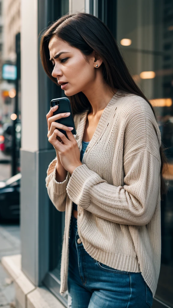 scared woman with cell phone