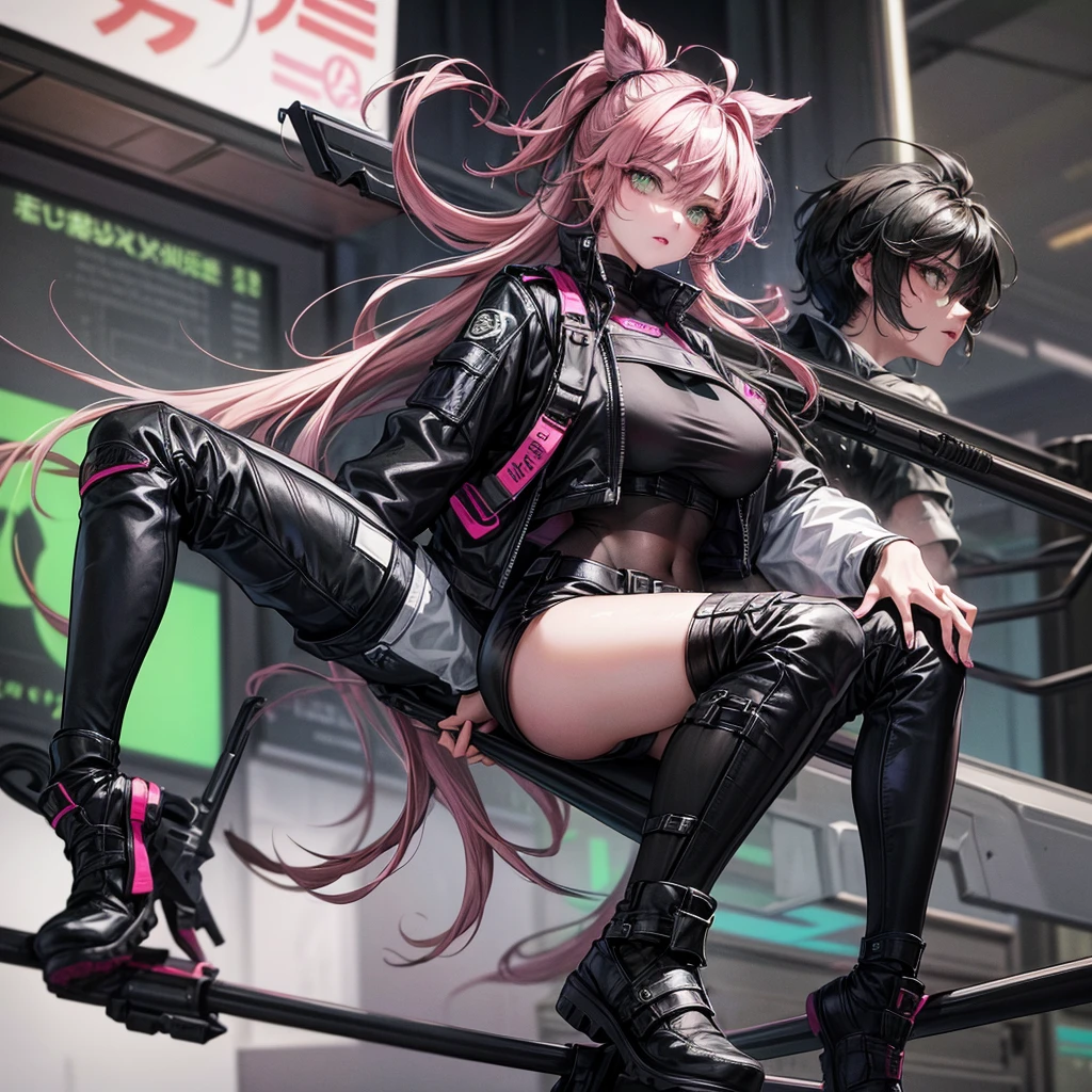 an 18 year old woman, with hair on the right side black and on the left side pink, with green eyes, with an average bust, with black long sleeve t-shirt and black pants, with black boots, with a bulletproof vest.