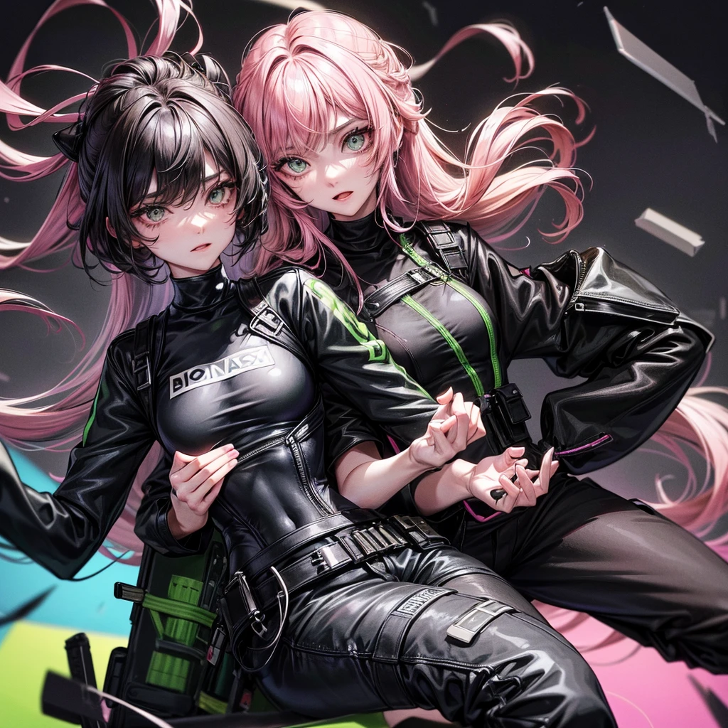an 18 year old woman, with hair on the right side black and on the left side pink, with green eyes, with an average bust, with black long sleeve t-shirt and black pants, with black boots, with a bulletproof vest.
