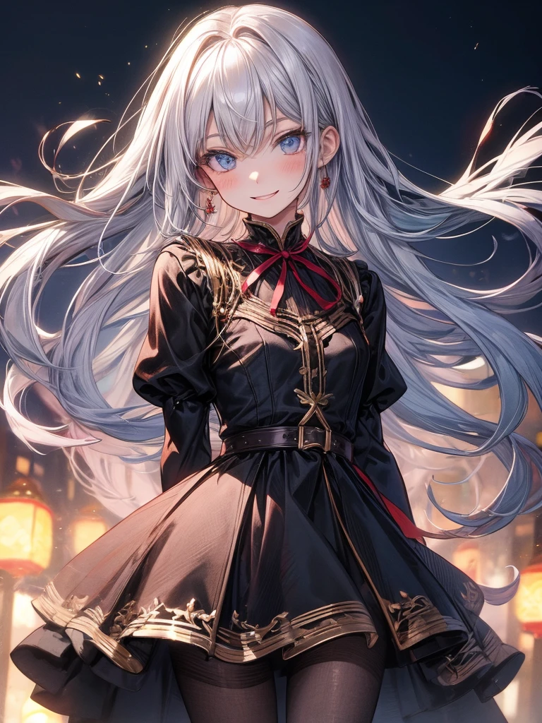 art by Cornflower,(masterpiece),(highly detailed CG,ultra-detailliert,Best Shadow:1.3),(Perfect Anatomy),(beautiful and luxurious:1.2),1 girl,((arms behind back)),blue ribbon on head,white cute  clothes,Beautiful and extra detailed face,flat colors,limited pallete,low contrast,the best lighting,lite smile,on bridge,(night view),cowboy shot