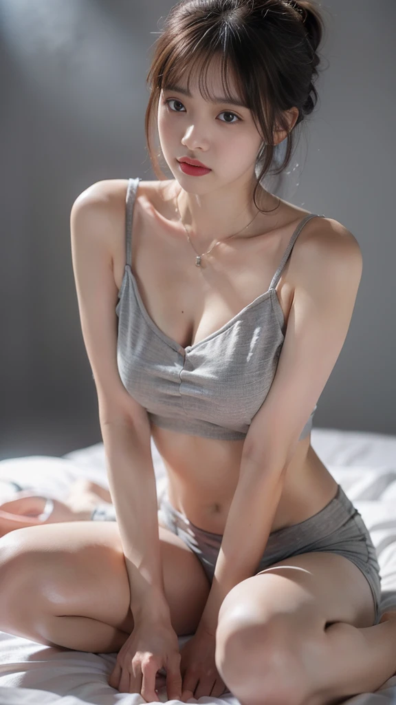 asian babes (she는 손을 숨기고 있다, she의 핑크색 브래지어를 공개하다), necklace, , round shaped chest, covered shirt((she)), ((medium shot, whole body, slim waist)), Hair up too、 shining eyes, blush, Karl Larsson, Alphonse Mucha, chiaroscuro, film glen, reflected light, (((long shot))), from the knees up,to show ((())), masterpiece, high details, ((gray background, studio lighting )) touch strap