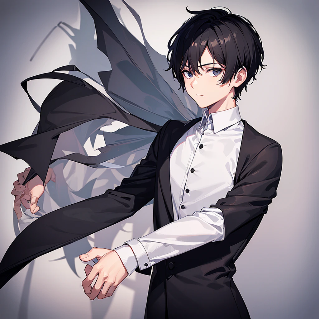 1 boy, black hair, short hair, detailed hair, black eyes, detailed eyes, looking at viewer, standing, upper body, black vest, white dress shirt, long sleeves, no smile, simple background, solo, ((( ultra detailed))), (((best quality))), ((masterpiece))