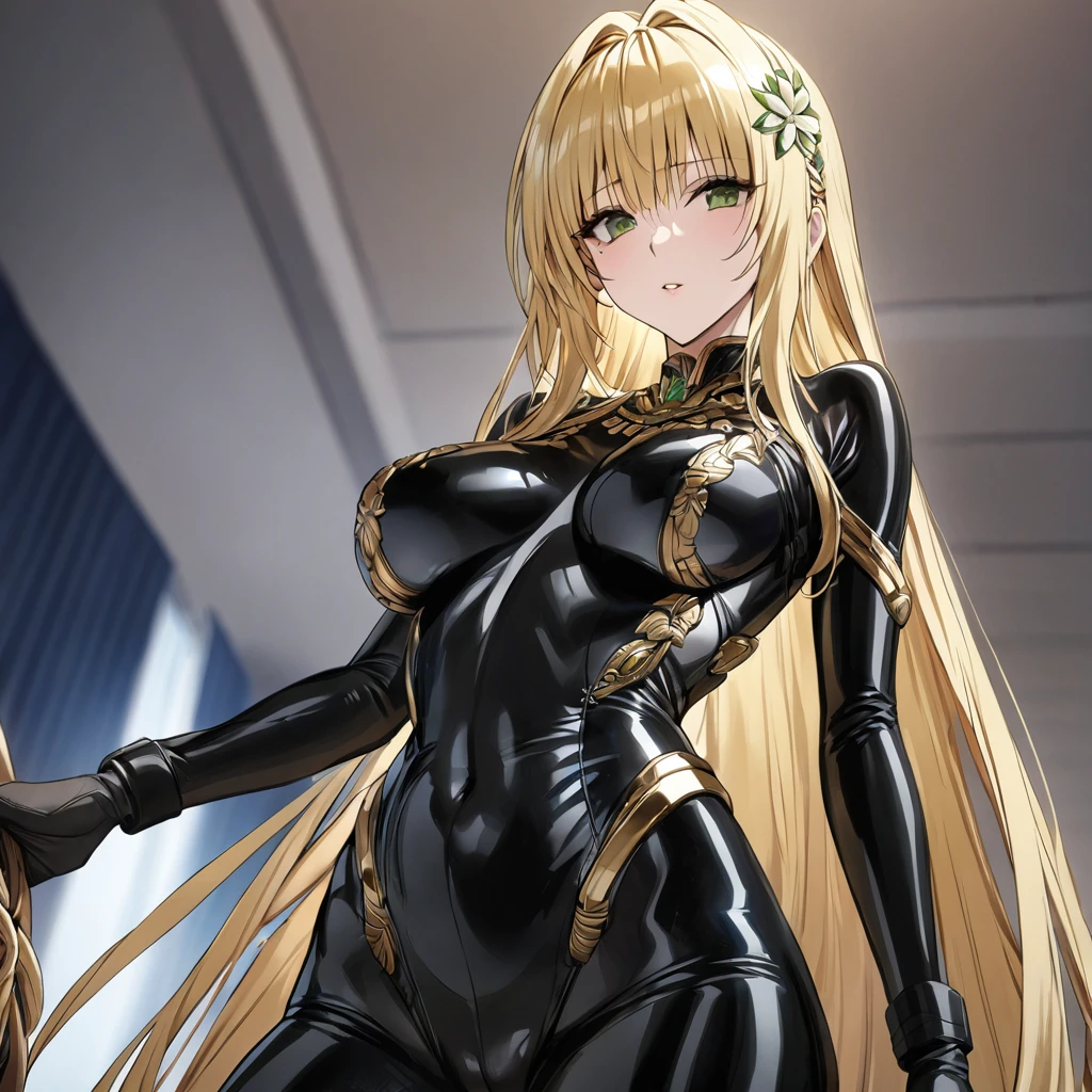 ((Highest quality)), ((masterpiece)), (detailed), (Perfect Face)、The woman is Tiare, with green eyes, medium-length blonde hair, and is wearing a luxurious black Stormtrooper bodysuit with gold patterns and trim.