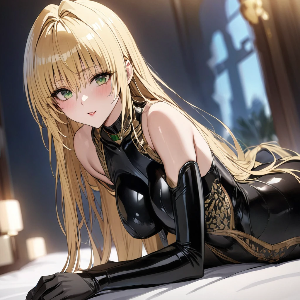 ((Highest quality)), ((masterpiece)), (detailed), （Perfect Face）、The woman is Tiare, with green eyes, medium-length blonde hair, and is wearing a luxurious black Stormtrooper bodysuit with gold patterns and trim.