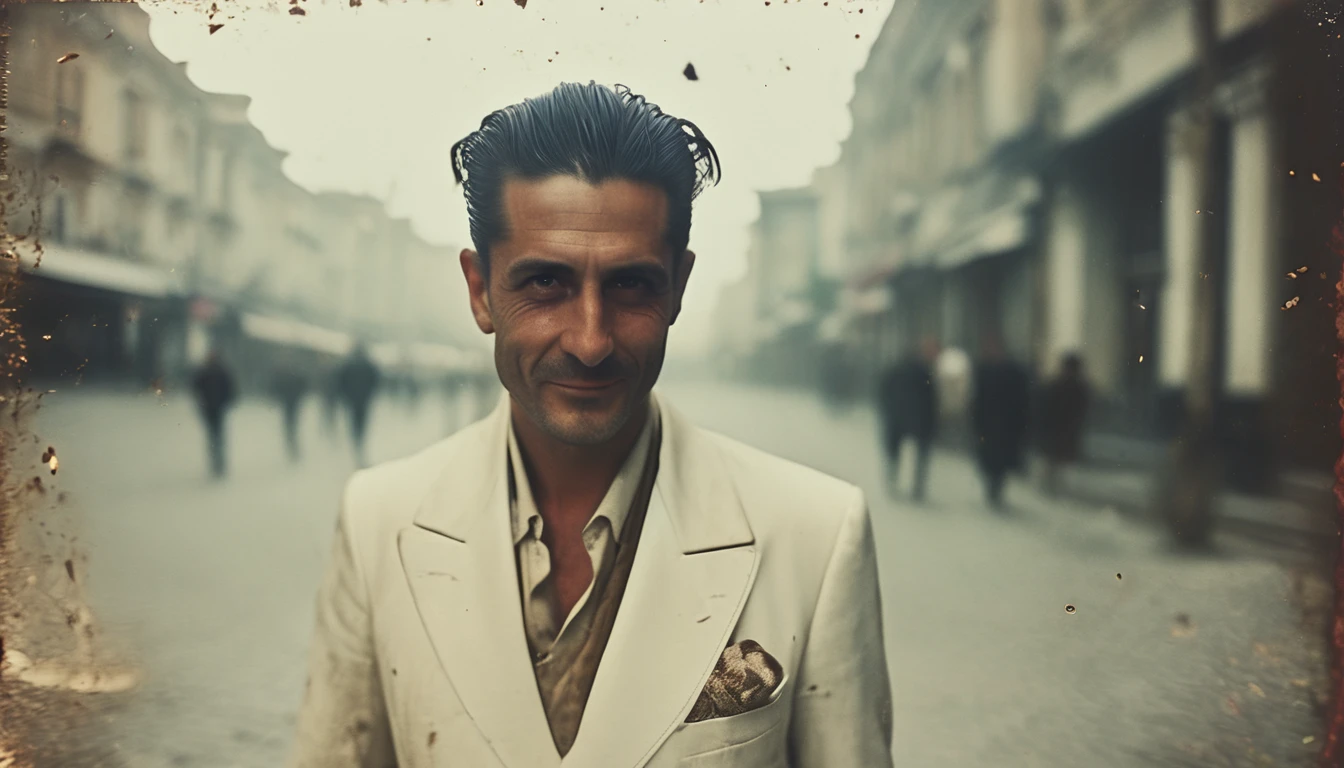 35mm vintage street photo of a 40 years old man, slick back hair, white suit,evil smile, determined eyes, satan in Constantine in the street, bokeh, professional