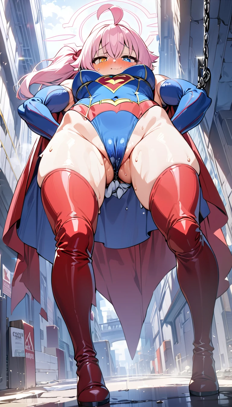 (full body), (masterpiece:1.2), (Highest_quality:1.2), (Ultra_detailed:1.3), 8K, Low - Angle,From below, 1 Girl,alone,大きなButtの女の子, red knee high long boots,wearing spcc costume with cape,( Supergirl), Blue leotard,Red mini skirt,Red Cape,gloves,hoshino-ponytail,hoshino \(blue archive\), heterochromia,medium hair,ponytail,pink hair,ahoge,Halation,(Browsing Caution,Heart-shaped pupils,Masturbation,Masturbation,Man muscle,Groin, Butt,Sweat,,Climax,To convulsions,wrists tied with chains),