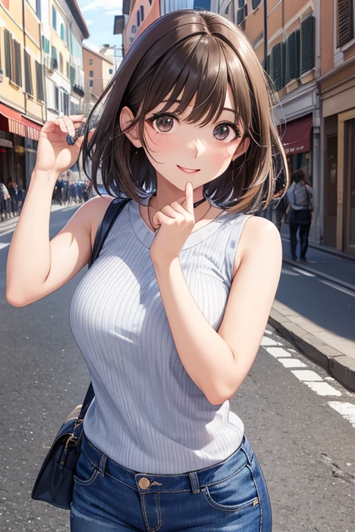 anegasaki nene、(Shiny brown hair, short hair, Beautiful brown eyes、Sparkling eyes, Fine grain)、smile、Ultra-detailed eyes、Highly detailed face, Highly detailed eyes,


(high quality, High resolution, Fine details), Realistic,Cowboy Shot、

(masterpiece, 最high quality:1.1), (独奏),Cute face,

Sleeveless ribbed knit、Denim pants,Have a nice trip,(Rome，Romeの休日)，Italy, Beautiful and detailed scenery, Beautiful lighting,very happy,Dynamic pose,Portrait Photography, sharp,An illustration：unreadable,