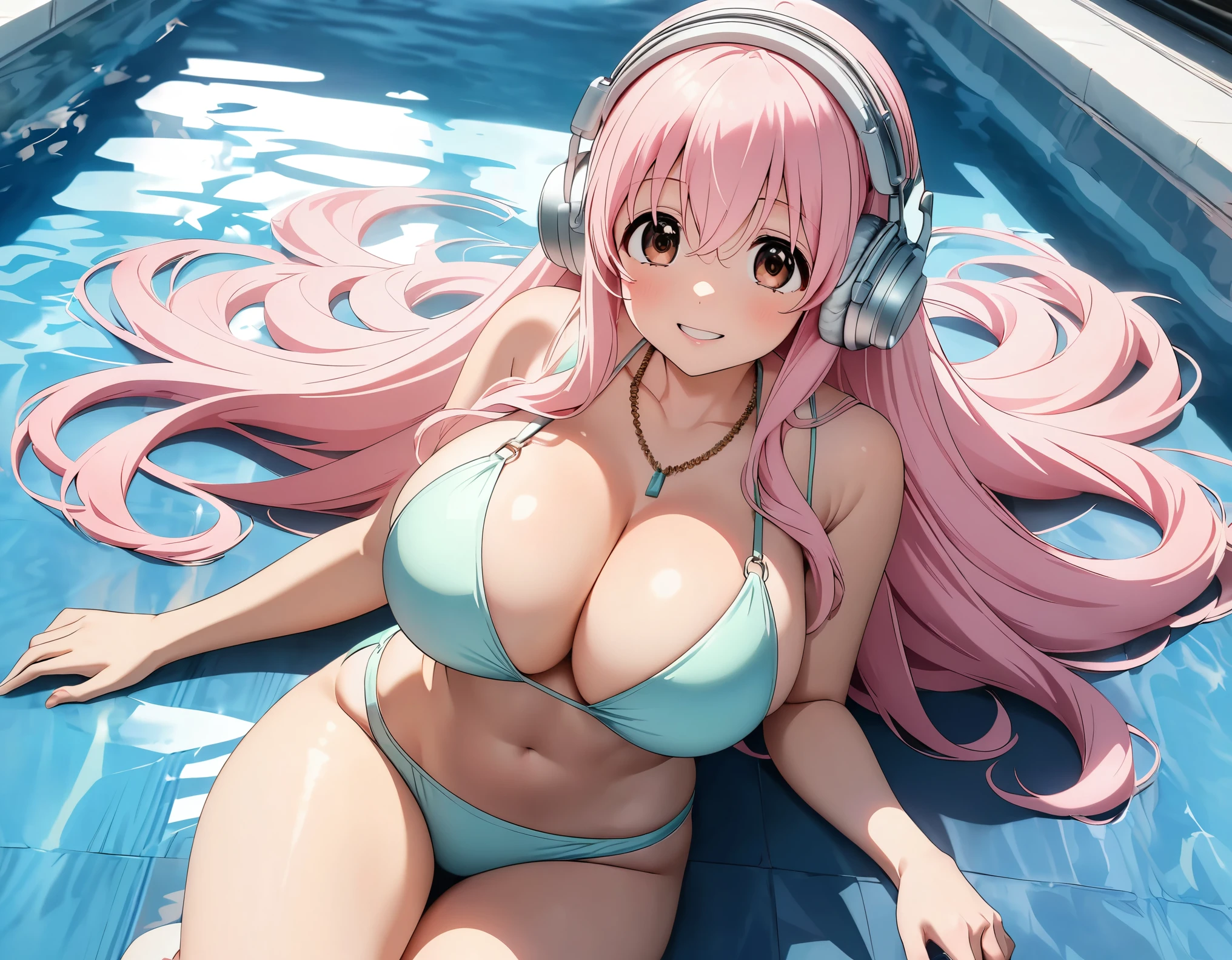 (((supersonic, Super Sonico:1.2, 1 Female:1.2))), Pink Hair, Long Hair, Gradient Hair, Reddish brown eyes, ((Big Breasts:1.2)), Silver_Headphones, Pastel Bikini, necklace, Beautiful thighs, (Perfect fingers, Beautiful fingers, 5 fingers), Lying down, look up, Cowboy Shot, Night pool background, (Highest quality:1.2, animeスタイル, anime:1.2, Very detailed, digital coloring, masterpiece:1.2, Best aesthetics),