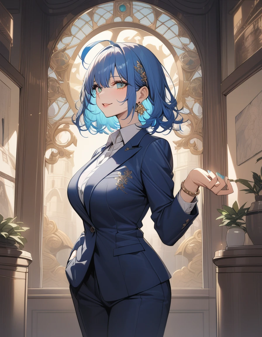 (Highest quality:1.2, High Detail, masterpiece:1.2, Best aesthetics), (1 girl), Beautiful woman, Beautiful detailed eyes, Beautiful detailed lips, Highly detailed face, Delicate depiction of hair and eyes, Detailed Fashion, (detailed background:1.2) ((Portraiture, Cowboy Shot)), Aqua Eye, huge ahoge, Mouth open, Earrings, View your viewers, attractive breasts, huge breasts, upper body, full body from knees to head, gaze away, gaze into the distance, smile lightly, fancy nails, bracelet, medium hair, yellow color inner hair, blue hair, (office staff suit:1.4)