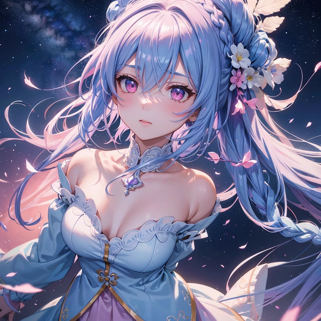 Sky blue hair, (One braided ponytail),(Pink Eyes),Fair skin ,(whole body),(One girl),The goddess,Orihime,(Sky Yue),Tanabata,(The Milky Way in the night sky),Hollow Eyes,Blushing,Straight bangs,(masterpiece, Highest quality, Very detailed, Best Shadow), (Detailed Background), (Beautifully detailed face), High Contrast, (Best lighting, Very delicate and beautiful), ((Cinematic Light)), colorful, Hyper Detail, Dramatic Light, Intricate details,