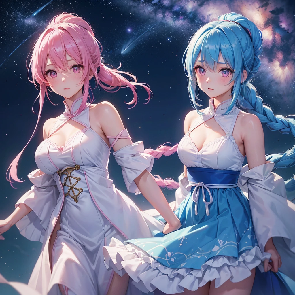 Sky blue hair, (One braided ponytail),(Pink Eyes),Fair skin ,(whole body),(One girl),The goddess,Orihime,(Sky Yue),Tanabata,(The Milky Way in the night sky),Hollow Eyes,Blushing,Straight bangs,(masterpiece, Highest quality, Very detailed, Best Shadow), (Detailed Background), (Beautifully detailed face), High Contrast, (Best lighting, Very delicate and beautiful), ((Cinematic Light)), colorful, Hyper Detail, Dramatic Light, Intricate details,