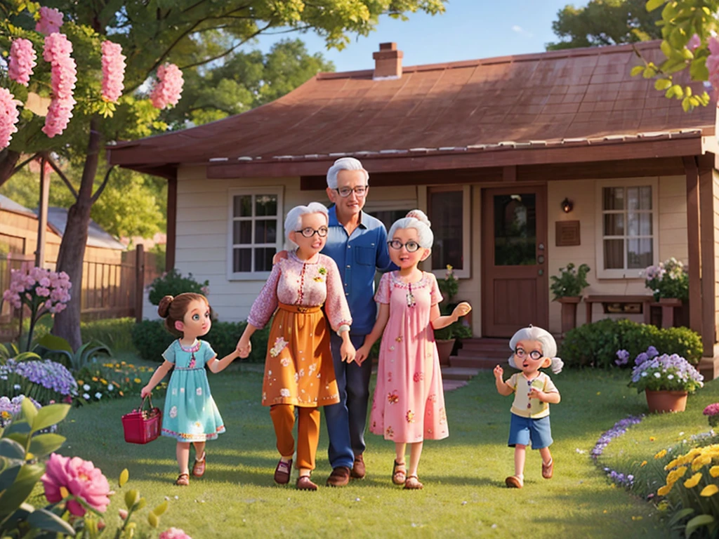 A lovely family consisting of a couple of grandparents and two granddaughters. The grandfather is a nice old man with gray hair and glasses, dressed in a flannel shirt and comfortable pants. The grandmother is a sweet lady with white hair tied in a bun, wearing a floral dress. The eldest granddaughter, , She has brown hair and is wearing a cheerful dress with flower prints.. The youngest granddaughter, 5 years ols curly blonde hair and is wearing a frilly dress.. Everyone is together in a welcoming environment, cartoon disney pixar style, with vibrant colors and well-defined details, in very high quality.
