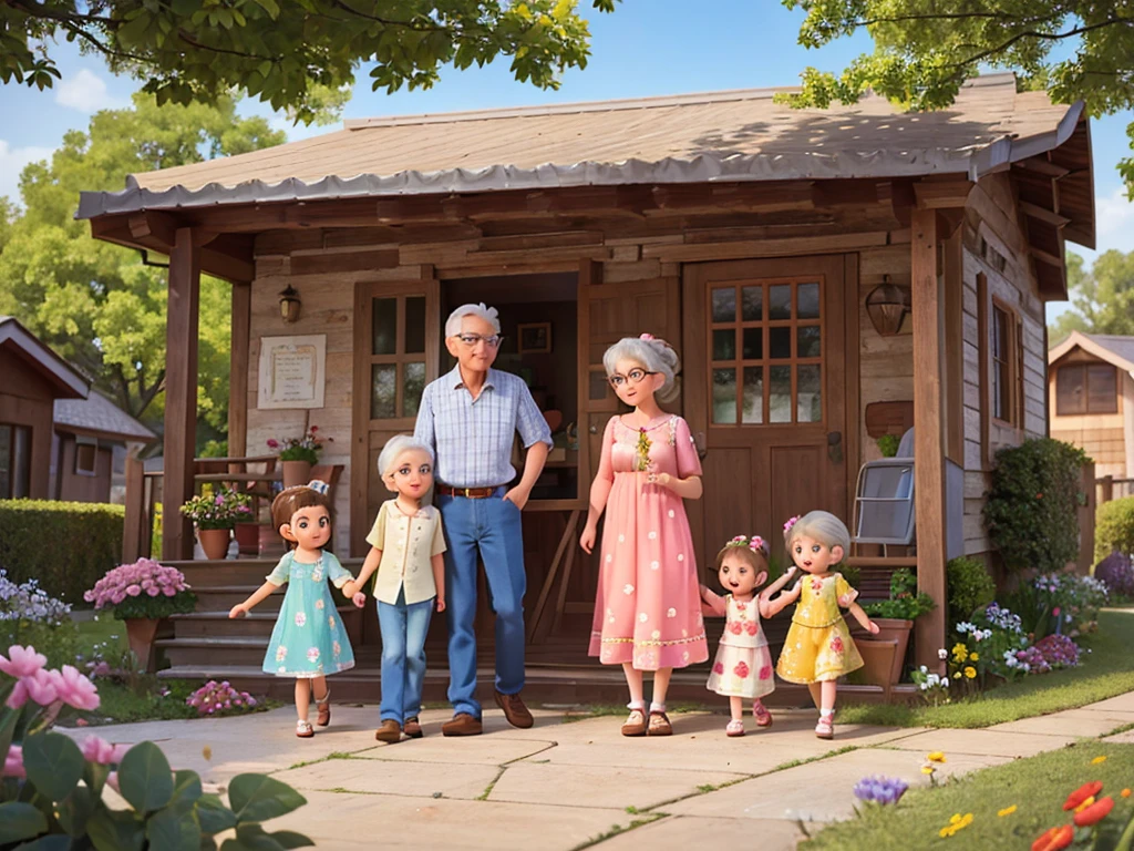 A lovely family consisting of a couple of grandparents and two granddaughters. The grandfather is a nice old man with gray hair and glasses, dressed in a flannel shirt and comfortable pants. The grandmother is a sweet lady with white hair tied in a bun, wearing a floral dress. The eldest granddaughter, , She has brown hair and is wearing a cheerful dress with flower prints.. The youngest granddaughter, 5 years ols curly blonde hair and is wearing a frilly dress.. Everyone is together in a welcoming environment, cartoon disney pixar style, with vibrant colors and well-defined details, in very high quality.