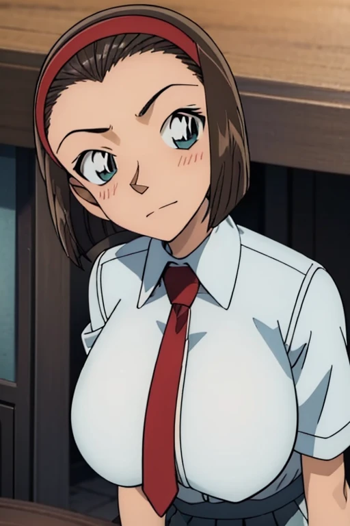 Looking into the camera、When I Look at You、lookatviewer、Anime Style、Eroge、1 Girl, (Huge breasts), (White shirt blouse with collar、Red tie、Light grey mini pleated skirt)、Low - Angle、Brown haired, hair band、Bob Hair、The forehead is visible、blush,The whole body is visible:1.5、