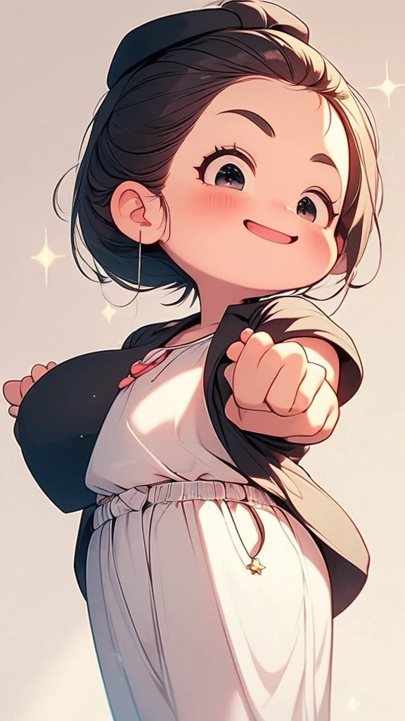an animated female figure in a black shirt and white dress holding hands over her heart, 1girl, solo, sparkle, hat, black hair, white background, smile, jewelry,Cheerful girl