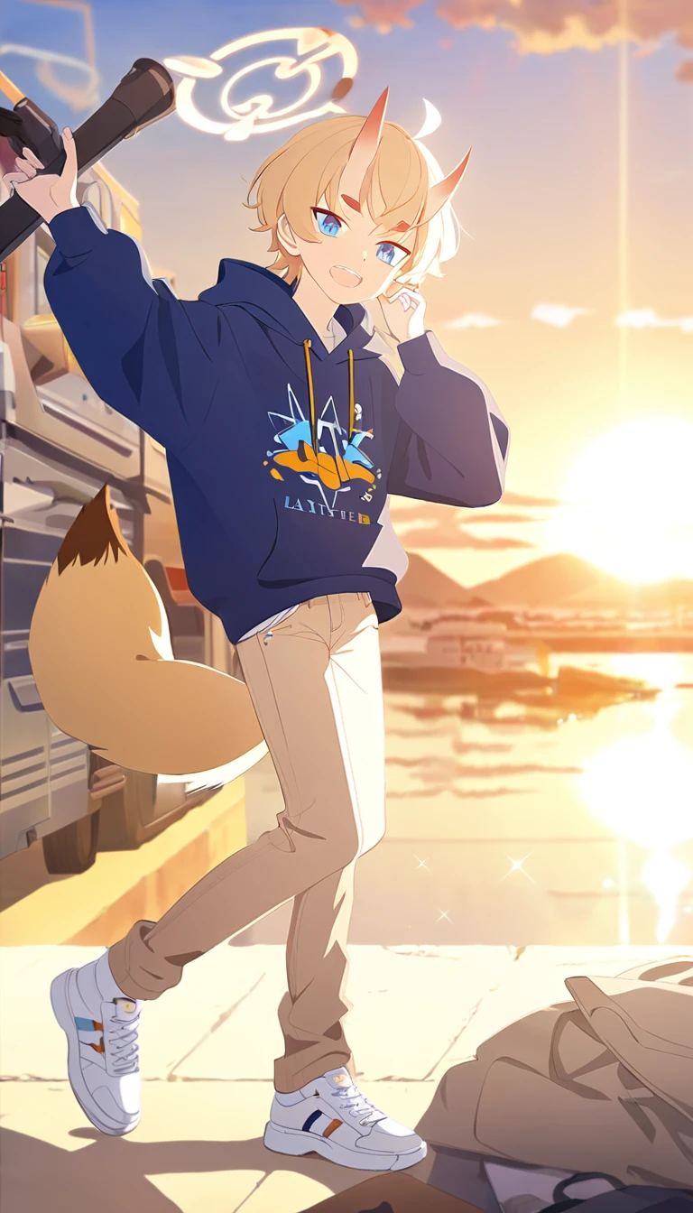 A 16 years old boy, white shoes, Latte coloured jeans, sunset design hoodie, oni horns, fox tail, Blue eyes, blonde hair, Orange halo, (Blue Archive character)