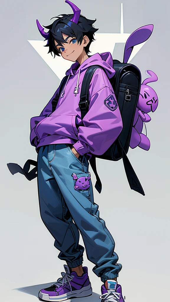 A cartoon character wearing a purple hoodie, baggy grey jeans and white sneakers with a cross-shaped logo on them. The boy has black hair and is smiling. He's holding a blue backpack over his shoulder. On the hood of his jacket he wears two small horns like those from Kaws' style of artwork.