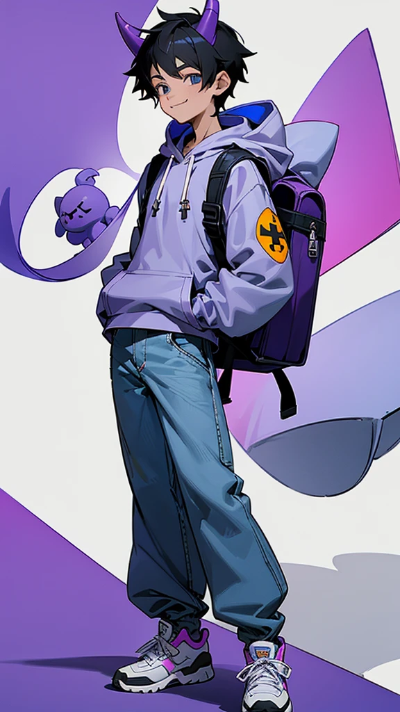 A cartoon character wearing a purple hoodie, baggy grey jeans and white sneakers with a cross-shaped logo on them. The boy has black hair and is smiling. He's holding a blue backpack over his shoulder. On the hood of his jacket he wears two small horns like those from Kaws' style of artwork.