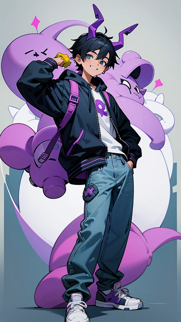  A cartoon character wearing a purple hoodie, baggy grey jeans and white sneakers with a cross-shaped logo on them. The boy has black hair and is smiling. He's holding a blue backpack over his shoulder. On the hood of his jacket he wears two small horns like those from Kaws' style of artwork. 