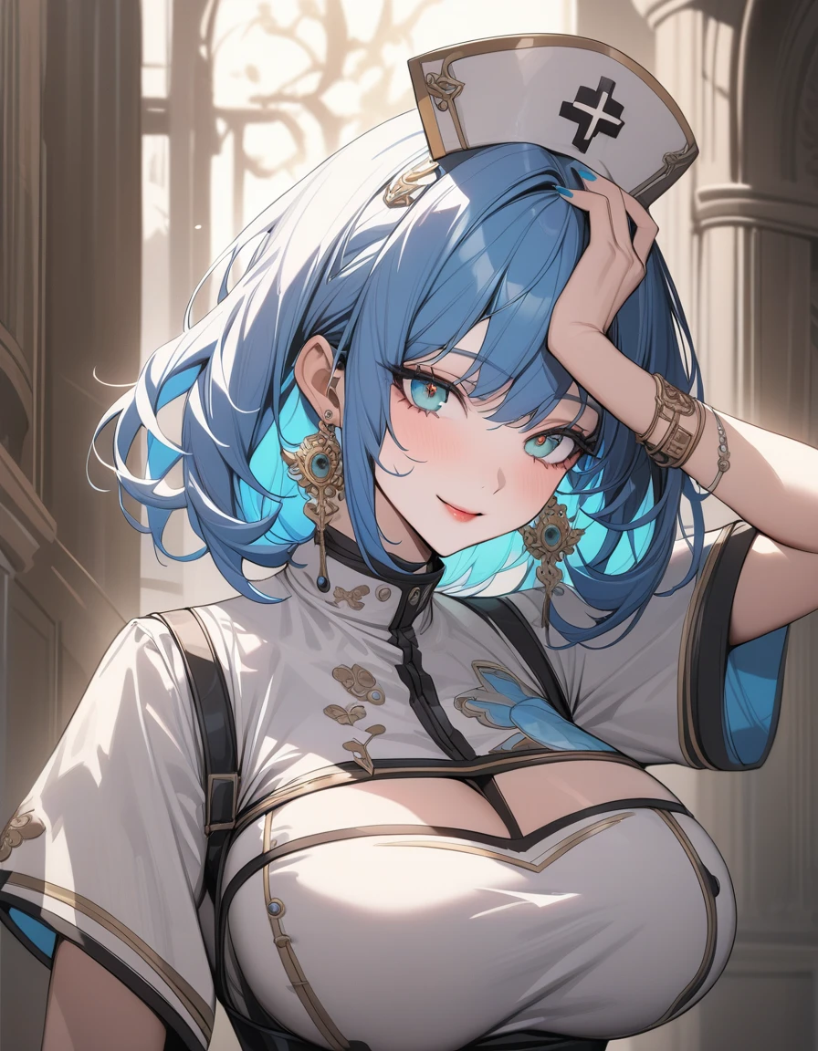 (Highest quality:1.2, High Detail, masterpiece:1.2, Best aesthetics), (1 girl), Beautiful woman, Beautiful detailed eyes, Beautiful detailed lips, Highly detailed face, Delicate depiction of hair and eyes, Detailed Fashion, (detailed background:1.2) ((Portraiture, Cowboy Shot)), Aqua Eye, huge ahoge, Mouth open, Earrings, View your viewers, attractive breasts, huge breasts, upper body, full body from knees to head, gaze away, gaze into the distance, smile lightly, fancy nails, bracelet, medium hair, yellow color inner hair, blue hair, (nurse:1.4)