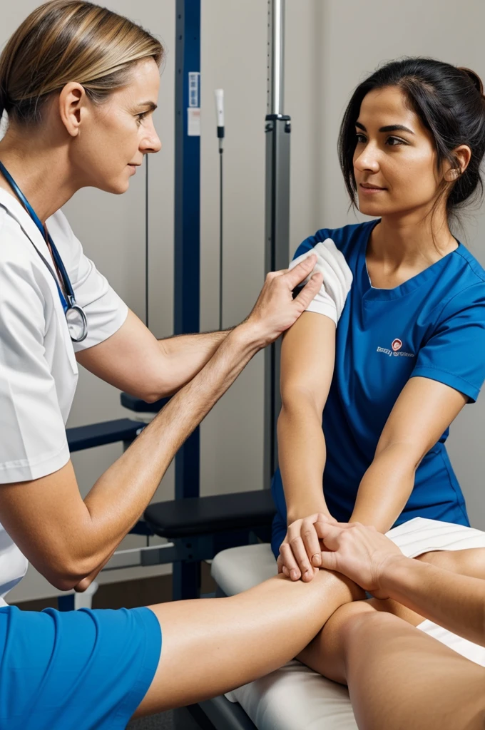 I need you to make me an image of a physiotherapist and a patient who are face to face looking at each other, where both have a horizontal stick where one limb is being grabbed by the physio and the other by the patient, the arm where they hold the club in an extended position
