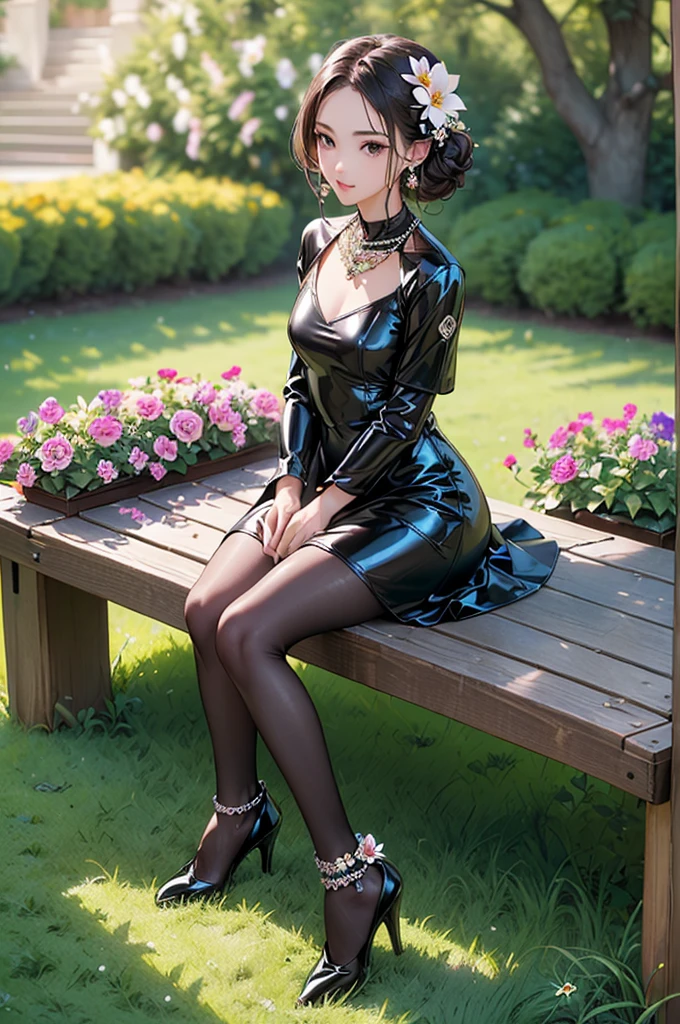 ((Biologically correct limb count))、((Full Body Shot, Full-body photo including face、Head to toe photos))、4K、masterpiece、((Focus on the face))、((Symmetrical facial features))、Eyes of meticulous depiction、One beautiful woman、Excellent style、(stockings、High heels with anklets）、Detailed Description、Small earrings、necklace、（Low - Angle）(((The background is a flower bed in full bloom)))、Sitting on a bench、((latex、leather、dress))