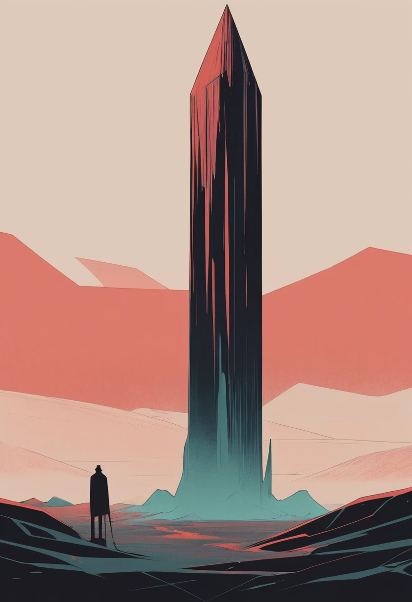 Noise Man, simple,Minimalist illustration,Giant tall and thin blood crystal column,Minimalist surreal landscape,Doomsday atmosphere