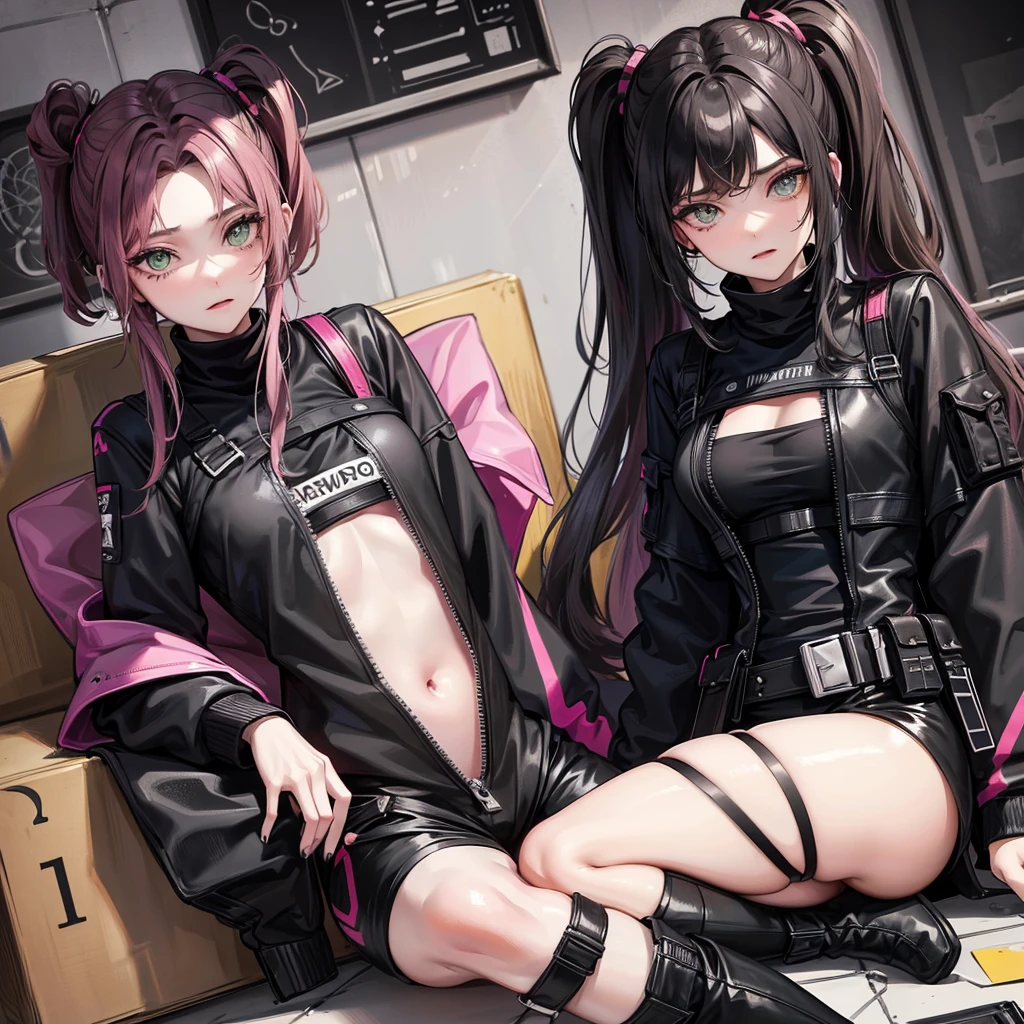 an 18 year old woman, with hair on the right side black and on the left side pink, with green eyes, with an average bust, with black long sleeve t-shirt and black pants, with black boots, with a bulletproof vest.