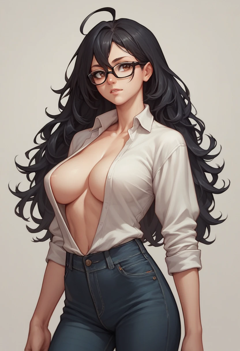 kaku bunwa, long hair, black hair, glasses, ahoge, brown eyes, breasts, large breasts,Debauchery,open shirt,pants