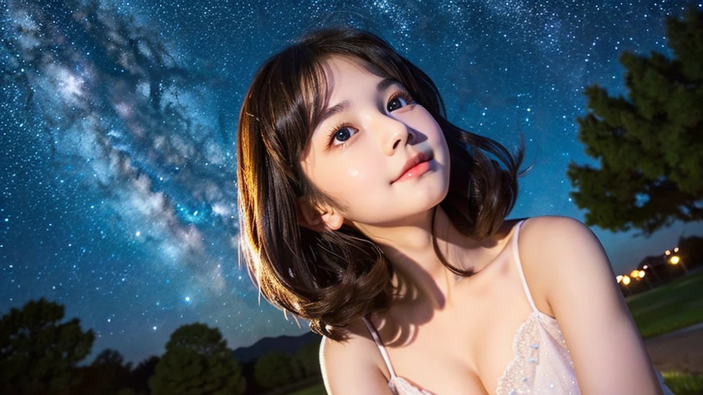 A very cute face like an idol、Looks like a young face、One woman, aged 20、Gentle and cute、Cleavage、Beautiful starry sky、(Looking up at the night sky)、(((Don't shine your face)))、((Dim lighting))、RAW Photos、Genuine、live-action、(Romantic)、(Artistic Expression)、(Fantasy)、High resolution、masterpiece