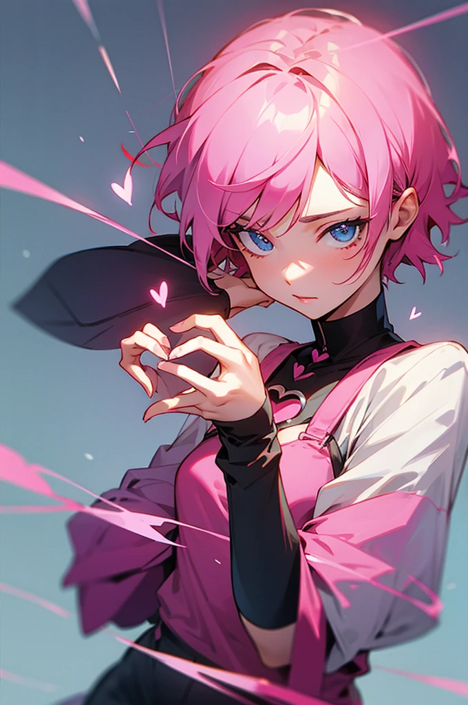 Pink short hair  making a heart with her hands