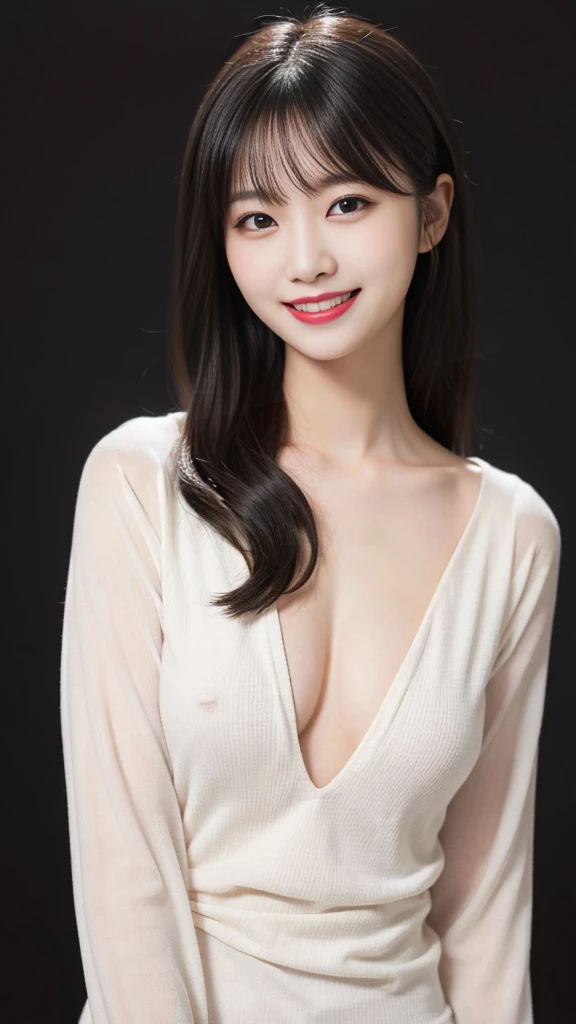 30-year-old woman, Chest Shot, Iris, Black Hair, Warm Background, Grin