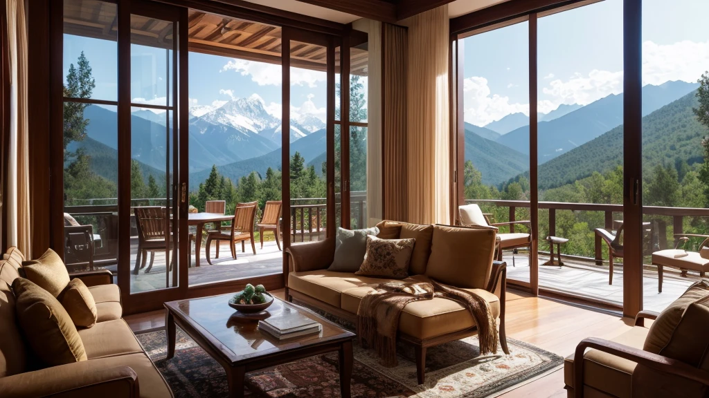 Luxury villa in the mountains、Beautiful interior、Luxury furniture、luxury interior、Beautiful mountain view from the window々、Fancy Meals、8K,Realistic and delicate wood々
