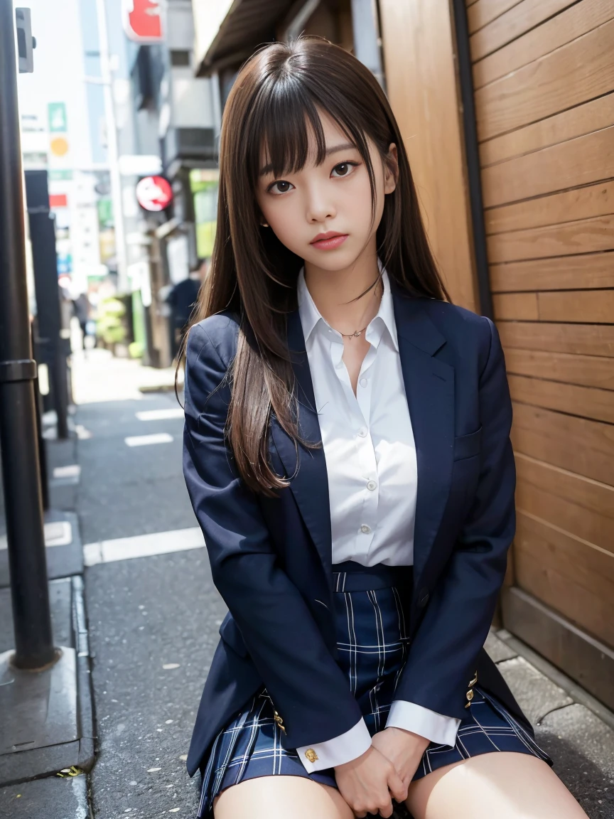 (High level image quality、high quality、highest resolution、masterpiece、Detail、strobe shooting)、looking at the camera、light brown long straight hair、She wears a navy blue blazer with a high neck. .)、(She is wearing a navy blue checked skirt..)、He is wearing an open collar white shirt for students..、wearing white panties、Wearing white socks、she wears black loafers、have a student bag、(Flip your skirt over with both hands)、(Spread your legs wide apart)、Shooting from a low angle、 (Shinjuku daytime alley)、(me'm on a sidewalk lined with stores.)