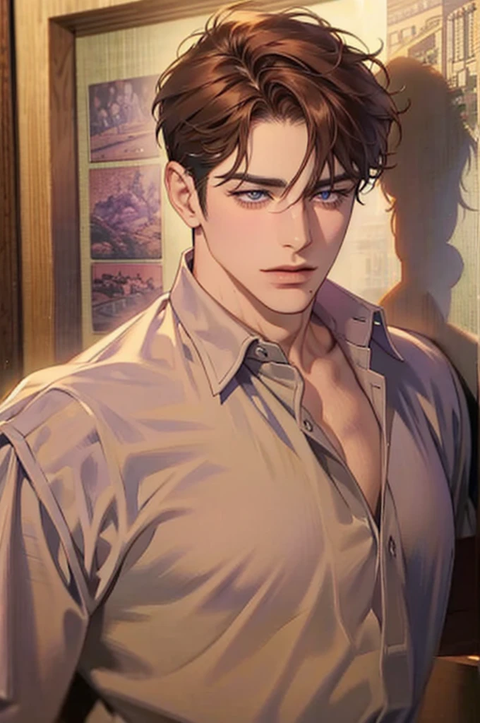 1 mature man of 40 years, Brown hair, Purples, (Perfect eyes), shirt, bad look, closed posture, perfect body