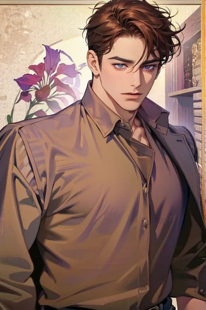 1 mature man of 40 years, Brown hair, Purples, (Perfect eyes), shirt, bad look, closed posture, perfect body