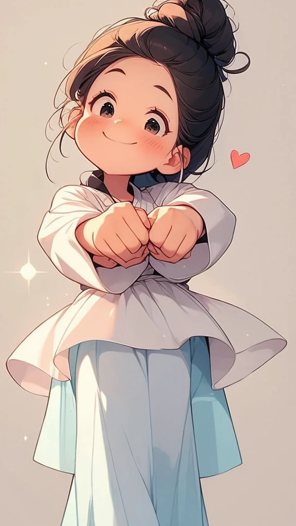 an animated female figure in a black shirt and white dress holding hands over her heart, 1girl, solo, sparkle, hat, black hair, white background, smile, jewelry,Cheerful girl