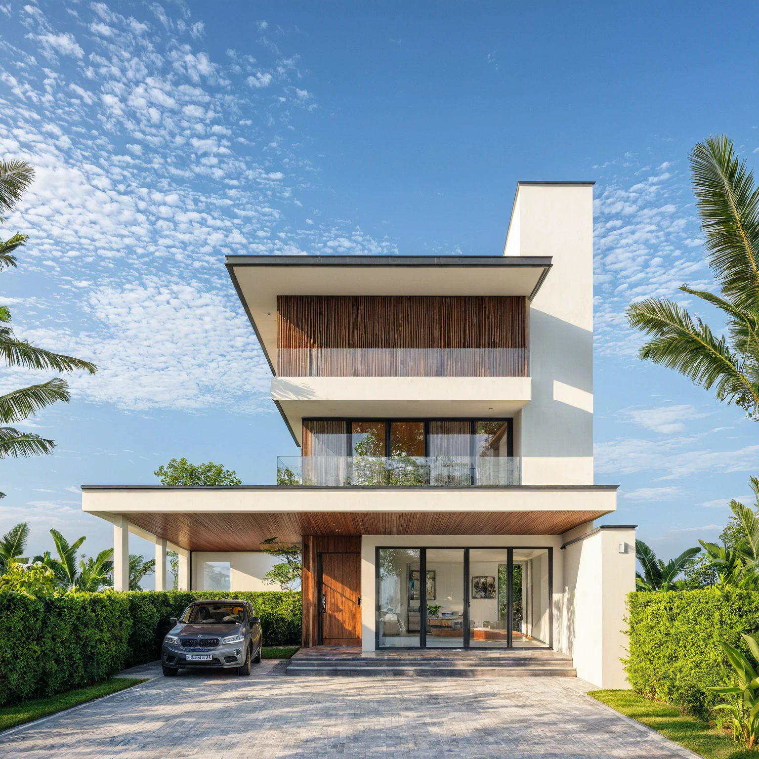 modern villa on street, (daylight), tropical tree, (slope roof, black tiled roof:1.2), vivid color, streetcapes, nice sky, grey tone, large glass door, warm interior lighting, modern material, best quality, ultra realistic, masterpiece, 17ArchiAI_XL_VL-v1
