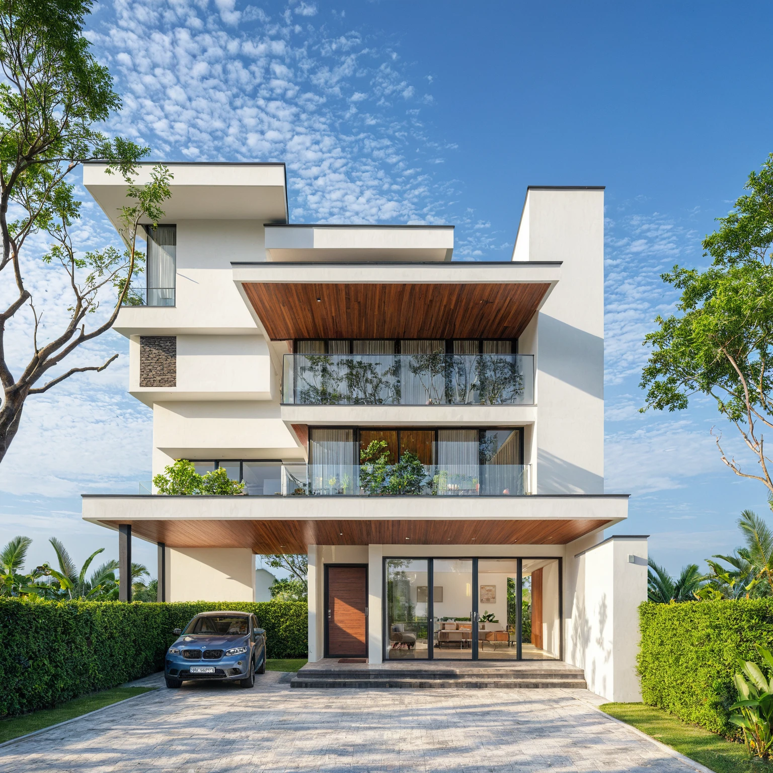 modern villa on street, (daylight), tropical tree, (slope roof, black tiled roof:1.2), vivid color, streetcapes, nice sky, grey tone, large glass door, warm interior lighting, modern material, best quality, ultra realistic, masterpiece, 17ArchiAI_XL_VL-v1
