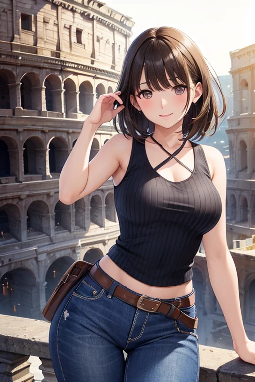 anegasaki nene、(Shiny brown hair, short hair, Beautiful brown eyes、Sparkling eyes, Fine grain)、smile、Ultra-detailed eyes、Highly detailed face, Highly detailed eyes,


(high quality, High resolution, Fine details), Realistic,Cowboy Shot、

(masterpiece, 最high quality:1.1), (独奏),Cute face,

Sleeveless ribbed knit、Denim pants,Have a nice trip,(Roman Colosseum)，Italy, Beautiful and detailed scenery, Beautiful lighting,very happy,Dynamic pose,Portrait Photography, sharp,An illustration：unreadable,