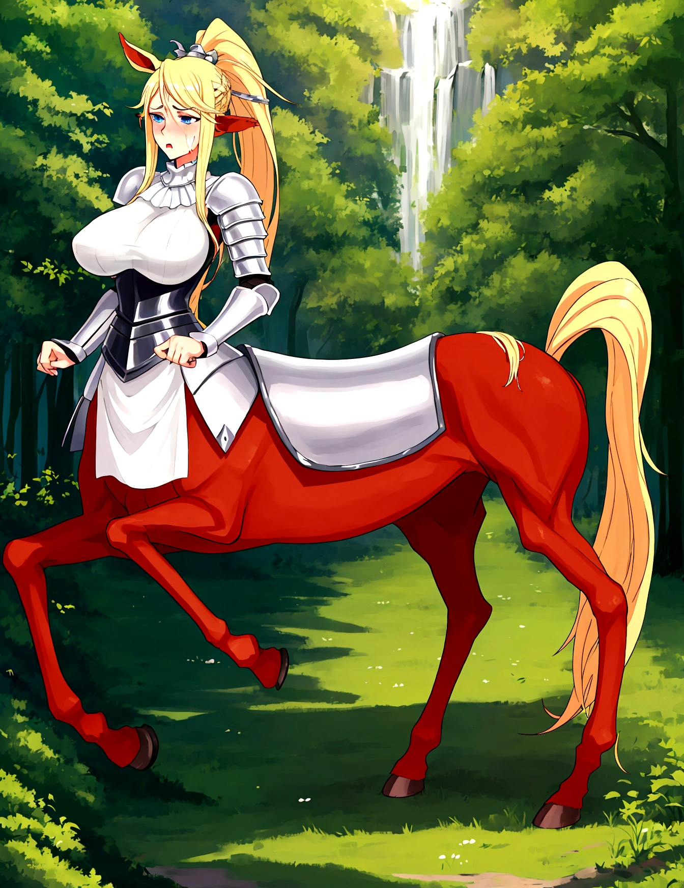 Anime centaur.1 girl. cutie. centaur girl, Half man. monster girl. centaur. Girl - horse. blonde. long hair. hair ornament. Her hair is pulled back into a high ponytail.. Blue eyes. Beautiful eyes. Perfect eyes. expressive eyes. perfect face. face, about to sneeze sneezing face. Beautiful nose. Snotty nose. Long snot hanging from the nose after sneezing. 16 years. big breasts. beautiful breasts. girl knight. centaur knight. She is ill. She got sick. She has allergies. She has a runny nose. nasal mucus. She has snot. She wants to sneeze. She needs to sneeze. She has a strong, desperate urge to sneeze. She sneezes. She sneezes. Splashes of snot fly to the sides. Snot flows from the nose. She has her period. Her crotch is bleeding. in the middle of a forest. Ideal anatomical body. Lower body of a horse.. Horse slender legs. hooves instead of feet. white linen blouse. Light plate armor - corset. skirt. no panties. standing. full height. beautiful character design. shiny skin. whole body. NFS. official art. чрезвычайно подробные обои CG Unity 8k. perfect lighting. 4K ultra-high resolution. Super detailed 8K resolution. A high resolution.