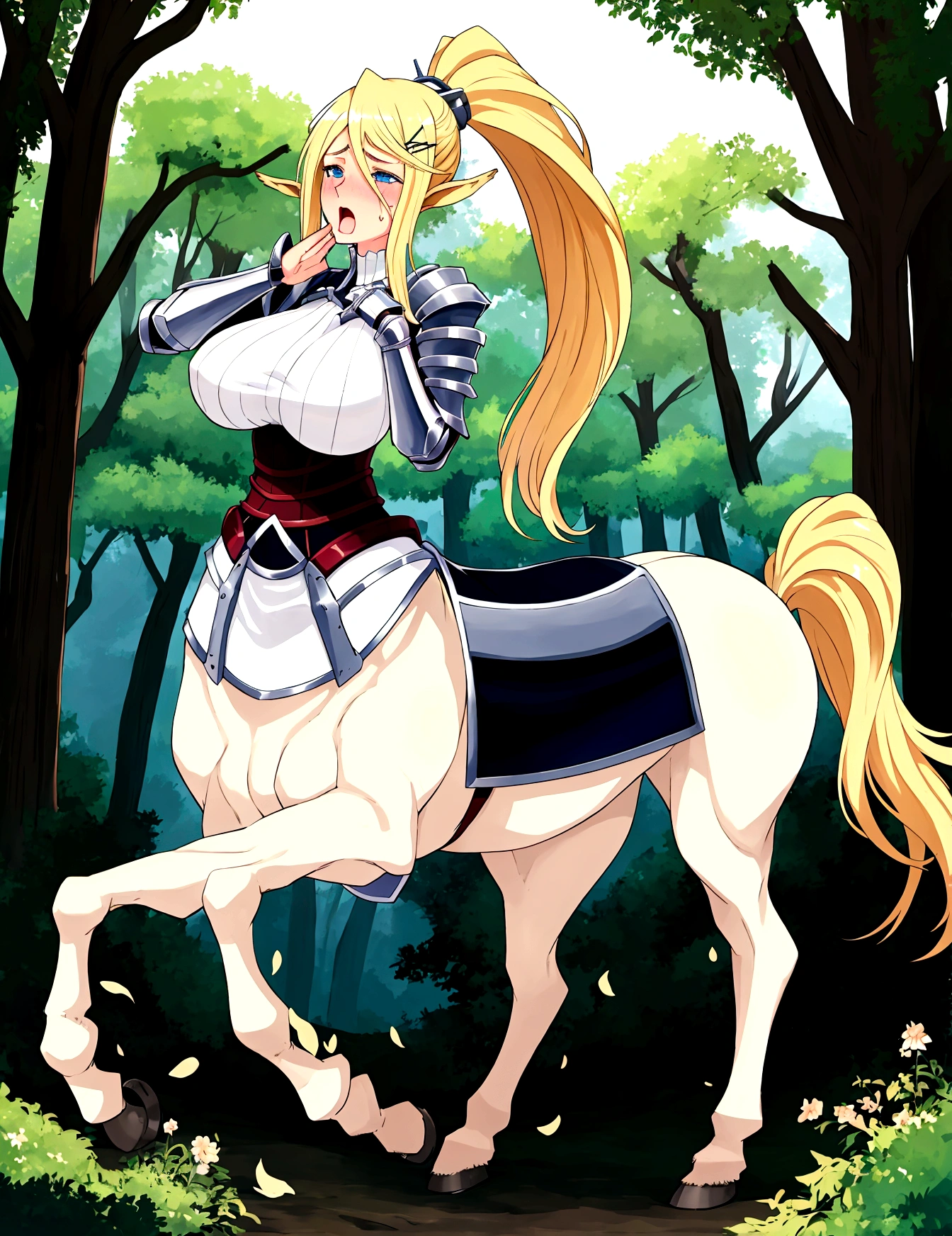 Anime centaur.1 girl. cutie. centaur girl, Half man. monster girl. centaur. Girl - horse. blonde. long hair. hair ornament. Her hair is pulled back into a high ponytail.. Blue eyes. Beautiful eyes. Perfect eyes. expressive eyes. perfect face. face, about to sneeze sneezing face. Beautiful nose. Snotty nose. Long snot hanging from the nose after sneezing.  years. big breasts. beautiful breasts. girl knight. centaur knight. She is ill. She got sick. She has allergies. She has a runny nose. nasal mucus. She has snot. She wants to sneeze. She needs to sneeze. She has a strong, desperate urge to sneeze. She sneezes. She sneezes. Splashes of snot fly to the sides. Snot flows from the nose. She has her period. Her crotch is bleeding. in the middle of a forest. Ideal anatomical body. Lower body of a horse.. Horse slender legs. hooves instead of feet. white linen blouse. Light plate armor - corset. skirt. no panties. standing. full height. beautiful character design. shiny skin. whole body. NFS. official art. чрезвычайно подробные обои CG Unity 8k. perfect lighting. 4K ultra-high resolution. Super detailed 8K resolution. A high resolution.