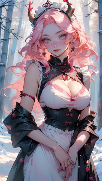 lamia from ancient Egypt,(((lamia,monster girl))),
(((pink_eye:1.3,red_student)),complex eye,beautiful detailed eye,symmetrical eye,((((pink horns,pink scale,scaly ,scale ,scaly skin)))),(Large Breasts:1.5),((((long pink hair,pink hair,colored inner hair)))),((((Porcelain-like skin,Pale skin,Shiny skin:1.5,Sunburned skin,Light Skin: 1.5,Sunburned skin,Shiny skin,very Shiny skin,Shiny body)))),(spider's underbelly,Tight waist,Wide Hips,Baby Bodysuit,Swollen legs,Thick thighs,),(((Detailed face))),
cute,Lewd,sensuous,Fascinating look,Fascinating,((erotic)),Gorgeous,Gorgeous,Longingly,(((Browsing Caution))),
((((Maid headdress,Maid,Maid clothing, Maid cloth)))),Revealing clothing,Show some skin,Cleavage,((Underbust)),(barefoot,),((impenetrable and beautiful Dragon Scale:1.4,Dragon Scale)),(((complex outfit,complex clothes,embroidered outfit,Glamorous costumes,embroidered clothes,Glamorous clothing))),
(Dynamic pose:1.0),Embarrassing,(centered,Scale to fit dimensions,Three-part method),
((snowy pink cherry forest:1.5,pink theme forest:1.5)),winter,scenery:1.25,((complex scenery)),((Snowy forest background)),Christmas tree,
(Glossy winter ornaments),High resolution,Sharp focus,(Super detailed,Very detailed),(Photorealistic artwork:1.37),(Very detailed CG unity 8k wallpaper),(((Vibrant colors,Vibrant Themes))),(complex),(masterpiece),(Highest quality),
Rainbow gradient eyes,Sparkling Eyes,Curly hair,Cleavage,Shoulder Bare。Stylish hairstyle,Stylish clothes,