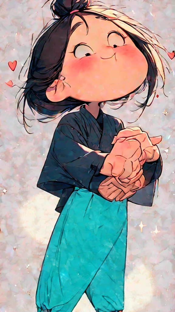 an animated female figure in a black shirt and white dress holding hands over her heart, 1girl, solo, sparkle, hat, black hair, white background, smile, jewelry,Cheerful girl