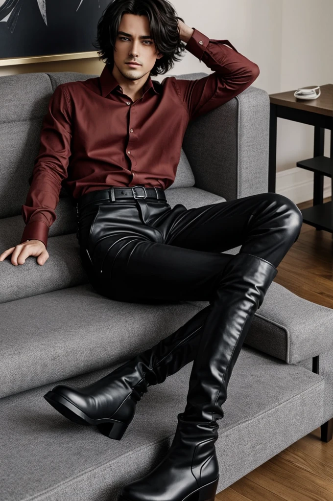 Un gars dessiné dans un style manga avec des cheveux mulet en couches de platine, des yeux rouge sang, une chemise habillée, un pantalon et des bottes en cuir noir.