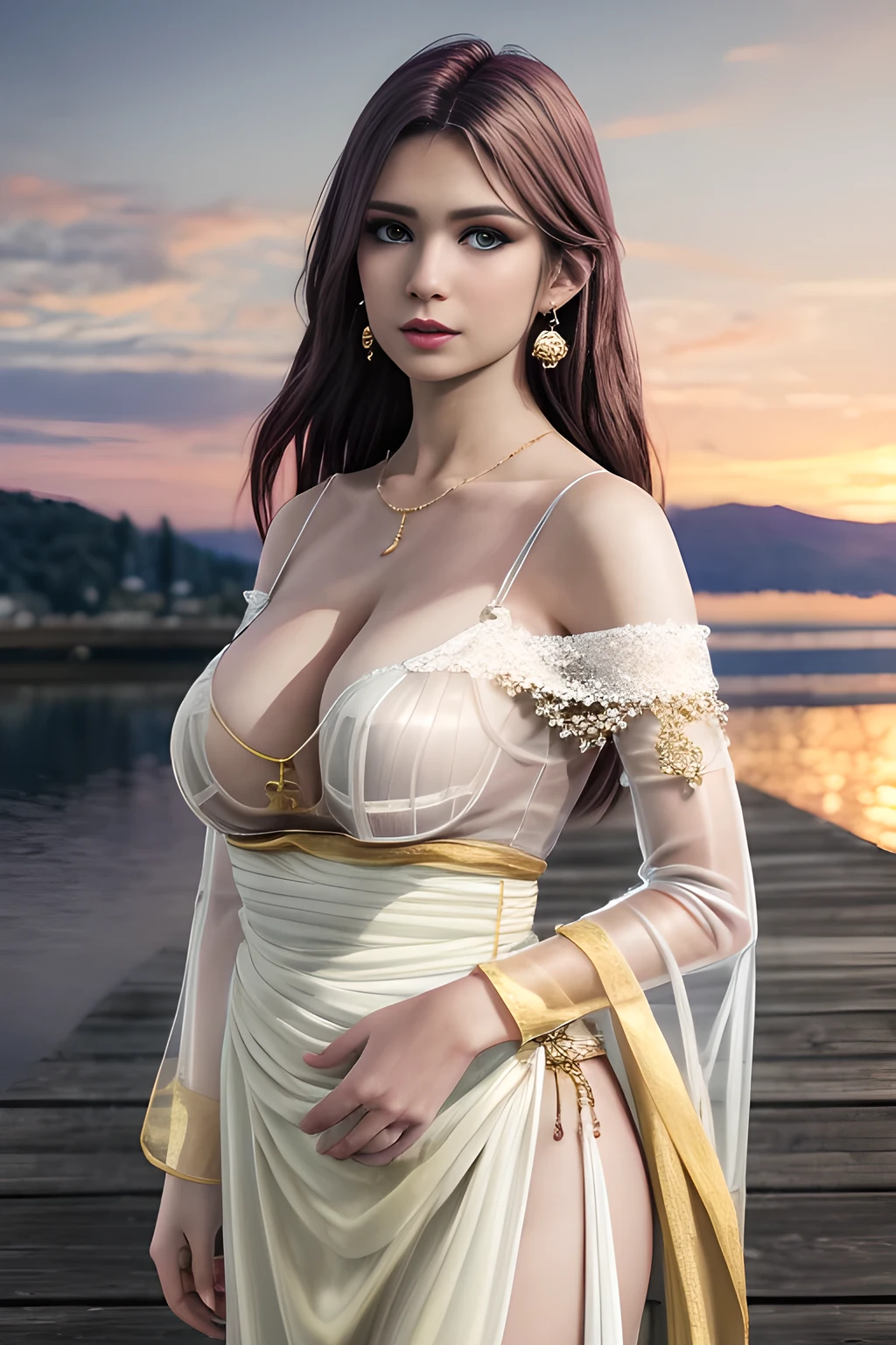 1 girl,At sunset, the warm sunlight adds a golden hue to the scene. Wearing a flowing (white dress with transparent sleeves and a cinched waist: 1.4), blown by the breeze, and wearing earrings, she stands on the dock and looks at the sunset in the distance. The water is calm, with soft ripples, and the outline of the distant coastline can be vaguely seen in the background.,Tattoo,(huge breasts),(masterpiece:1.5),( Best quality at best:1.4),(Realistic:1.4), detailed,8K,number art,detailedhair,Expressive eyes, s the perfect face, real fingers,depth of fields,Similar colors,a warm color palette,softlighting,low-contrast,hard shadows,elise