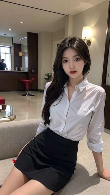1 Girl,Lobby,sofa,Soft Light,Chinese Beauty,Tight Fit,Uniforms,,Dark-haired,long hair