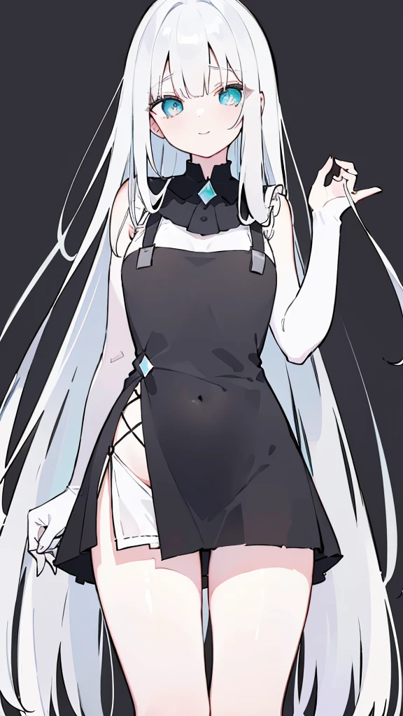 (Long straight black hair,Air bangs),(innocent,Big aqua eyes,like a gem),(Medium chest,thin waist,White skin),(Wearing only a pure white suspender dress,Show skin on hands and thighs),(The overall length of the dress should not exceed the thigh,You should be able to see the curve of your thighs,Highlight your figure),(Standing,Put your hands behind your back),(The expression looks a little shy,but with a smile),(Solid black and gray background)